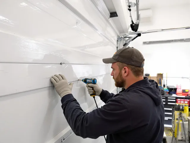 Wesley Chapel Garage Door Repair technician demonstrating precision dent removal techniques on a Wesley Chapel garage door